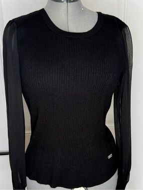 DKNY Black Knit Top with Sheer Sleeves